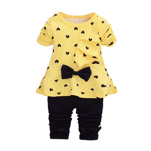 Spring and Autumn Heart Print Baby Girls Infant Clothing Set Bow Long Sleeve T Shirt Pants Kids Toddler Children Tops Outfits