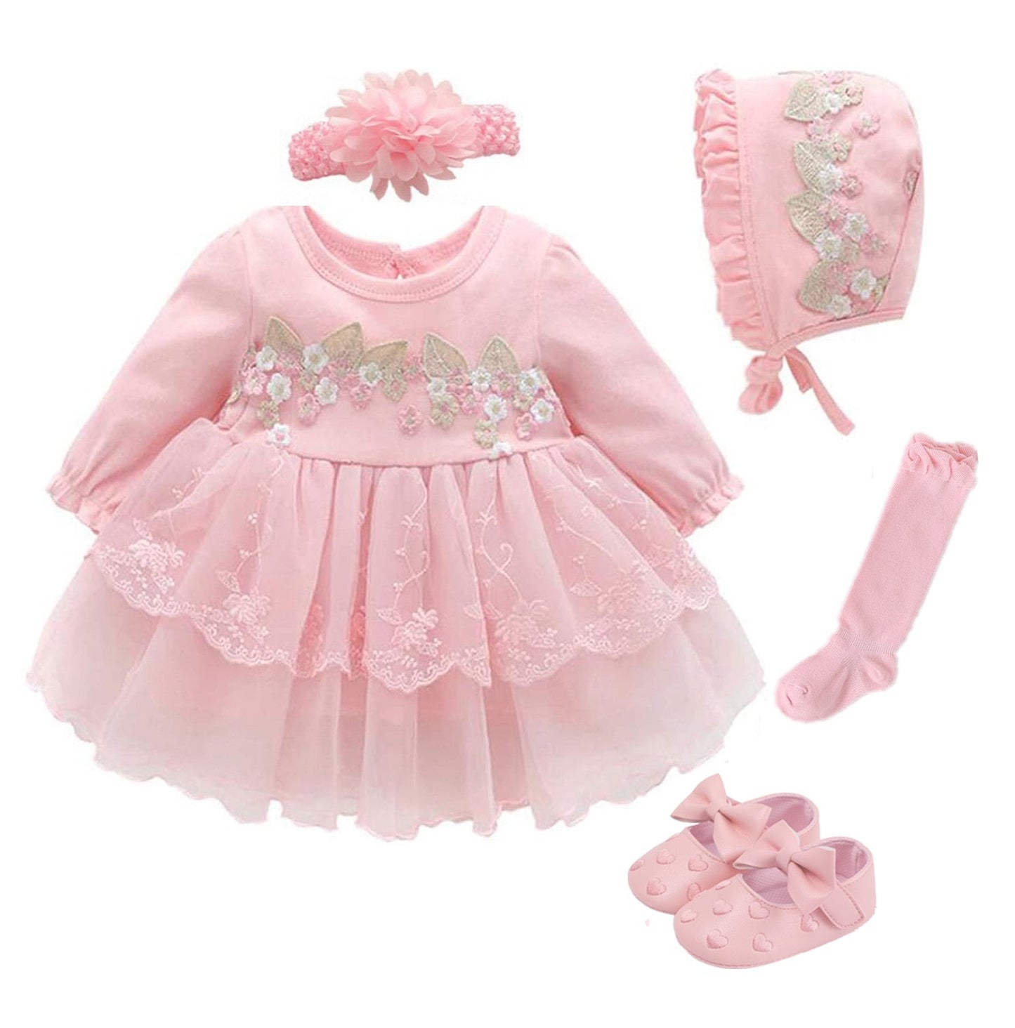 Newborn Baby Girl Dresses Clothes For 0-3 Month Set Party Birthday Dress Outfits 0-1 Years Shoes & Long Socks Christening