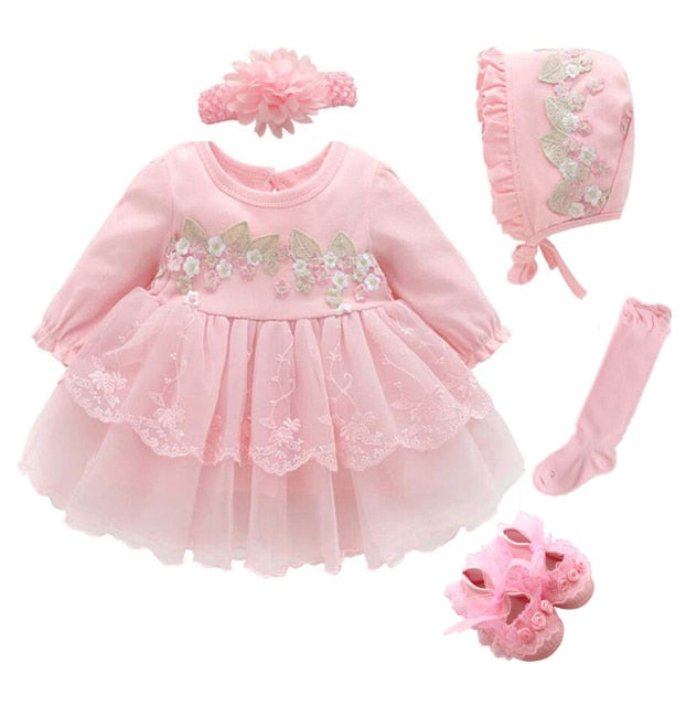 Newborn Baby Girl Dresses Clothes For 0-3 Month Set Party Birthday Dress Outfits 0-1 Years Shoes & Long Socks Christening