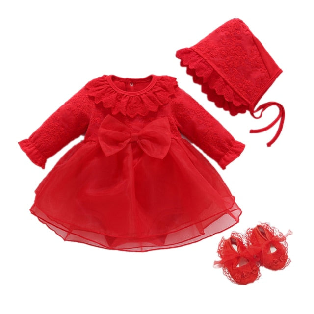 Newborn Baby Girl Dresses Clothes For 0-3 Month Set Party Birthday Dress Outfits 0-1 Years Shoes & Long Socks Christening