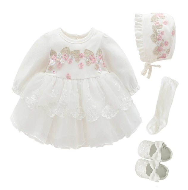 Newborn Baby Girl Dresses Clothes For 0-3 Month Set Party Birthday Dress Outfits 0-1 Years Shoes & Long Socks Christening