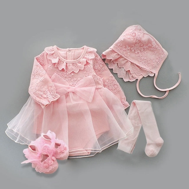 Newborn Baby Girl Dresses Clothes For 0-3 Month Set Party Birthday Dress Outfits 0-1 Years Shoes & Long Socks Christening