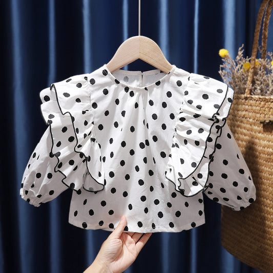 nvxiot Retro Korean Style Baby Girls Blouse Butterfly Ruched Dot Printed Tees Tops Cotton Autumn Blouse Kids Princess Clothes