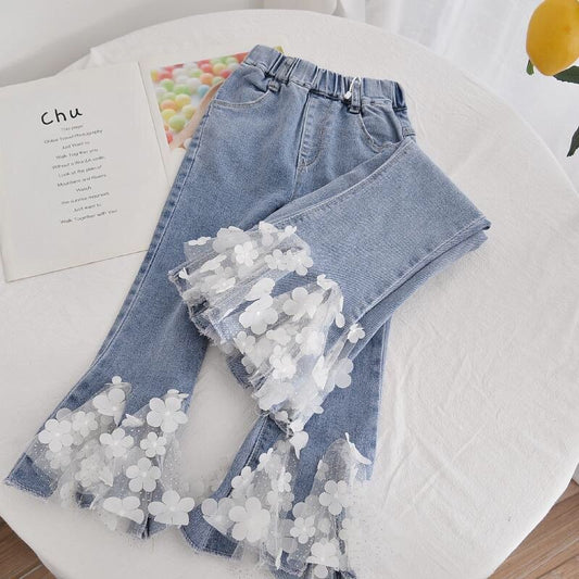 nvxiot Spring Fall Children Girl Jeans Elegnat Floral Denim Kids Girl Bell-bottomed Pants Little Girl Casual Clothes Kids Baby Costume