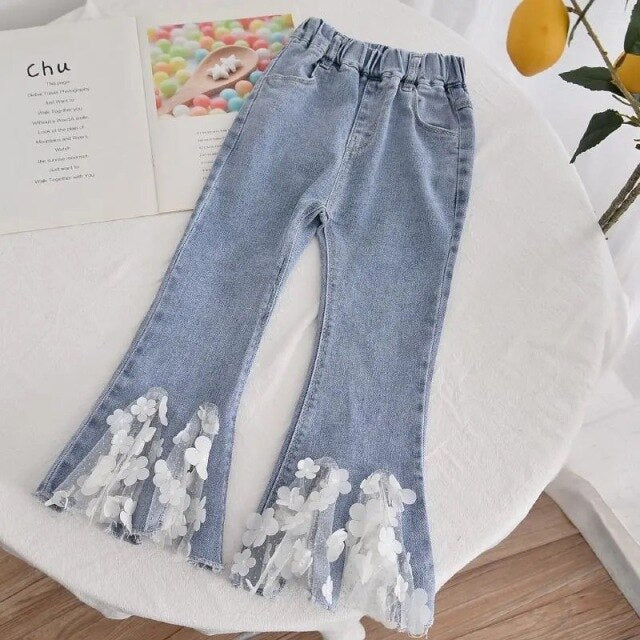 nvxiot Spring Fall Children Girl Jeans Elegnat Floral Denim Kids Girl Bell-bottomed Pants Little Girl Casual Clothes Kids Baby Costume