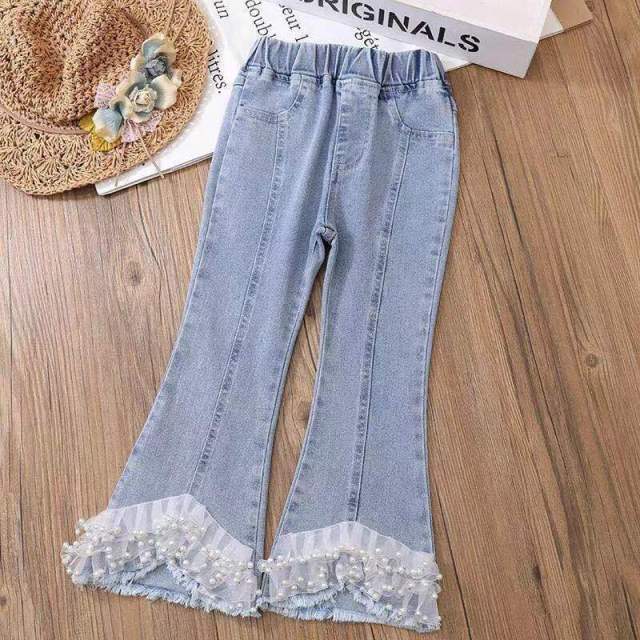 nvxiot Spring Fall Children Girl Jeans Elegnat Floral Denim Kids Girl Bell-bottomed Pants Little Girl Casual Clothes Kids Baby Costume