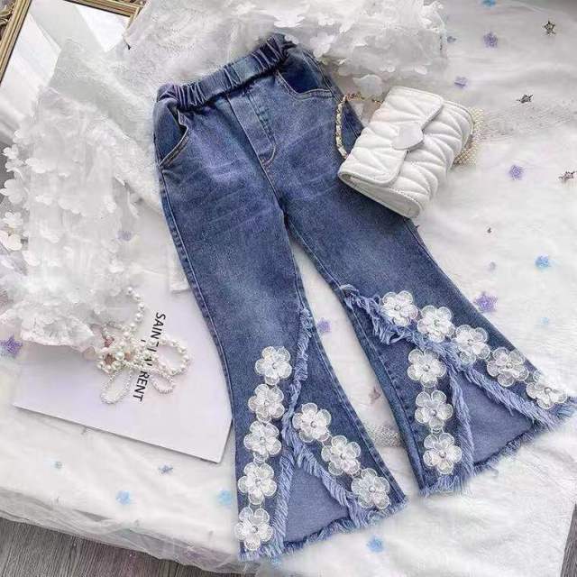 nvxiot Spring Fall Children Girl Jeans Elegnat Floral Denim Kids Girl Bell-bottomed Pants Little Girl Casual Clothes Kids Baby Costume