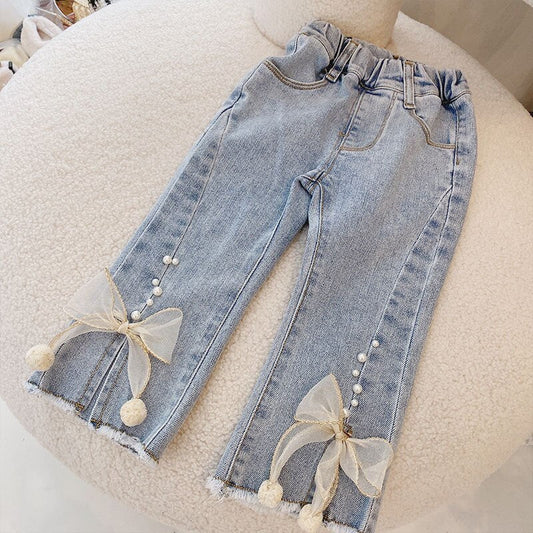 nvxiot Spring kids girl baby clothes fashion design pearl denim trousers for toddler child girl cloth baby birthday elastic pant jeans