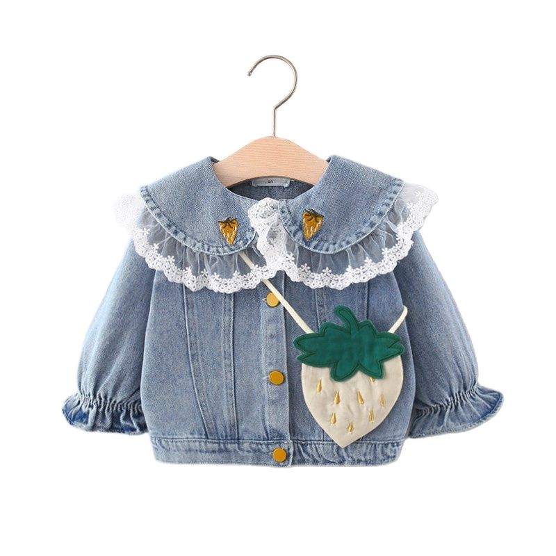 nvxiot Spring Baby Girls Long Sleeve Denim Jeans Lace Lapel Collar Strawberry Jackets Coats Children Kids Cardigans Outerwear