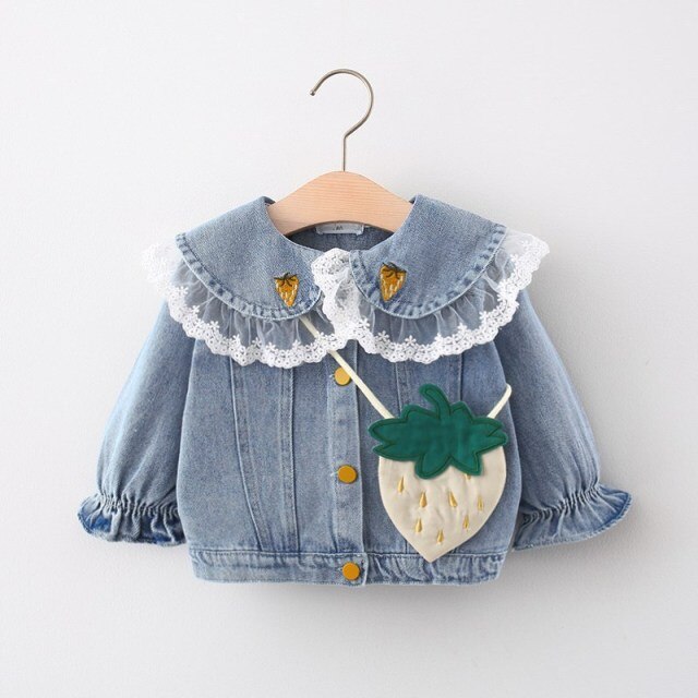 nvxiot Spring Baby Girls Long Sleeve Denim Jeans Lace Lapel Collar Strawberry Jackets Coats Children Kids Cardigans Outerwear