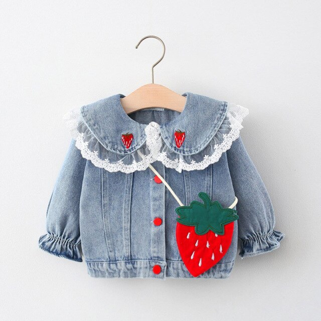 nvxiot Spring Baby Girls Long Sleeve Denim Jeans Lace Lapel Collar Strawberry Jackets Coats Children Kids Cardigans Outerwear