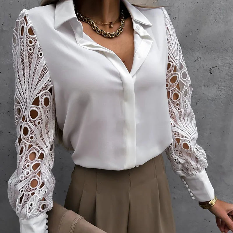 Women Shirts Long Sleeve Lace Patchwork Solid White and Black Office Ladies V-Neck Blouse Women Clothes Women Tops And Blouses