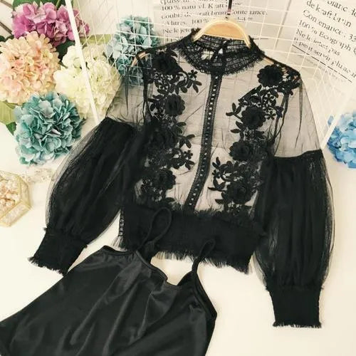 Autumn Women Mesh Tops Fashion Sexy Sheer Lace Blouse Lantern Sleeve 3D Floral Blouses Shirts Elegant Top Blusas Femininas  26