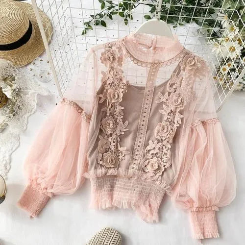 Autumn Women Mesh Tops Fashion Sexy Sheer Lace Blouse Lantern Sleeve 3D Floral Blouses Shirts Elegant Top Blusas Femininas  26