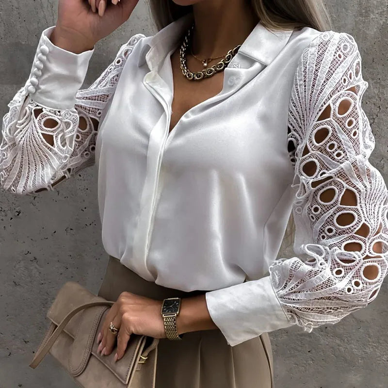 Women Shirts Long Sleeve Lace Patchwork Solid White and Black Office Ladies V-Neck Blouse Women Clothes Women Tops And Blouses