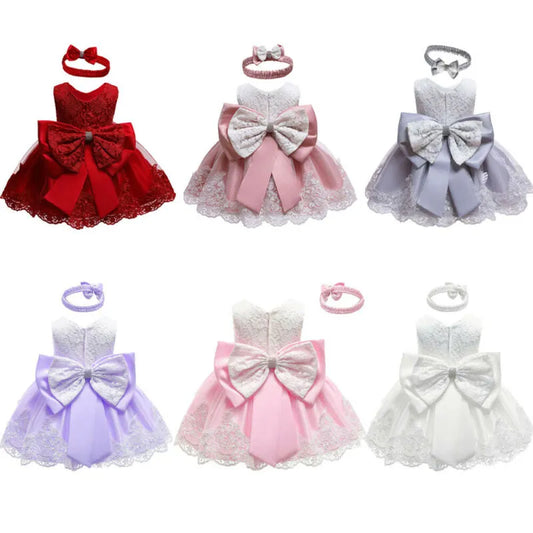 Kids Baby Bow Girls Party Lace Dress Wedding Bridesmaid Dresses Princess 0-24M Girls Sleeveless Bow Dress