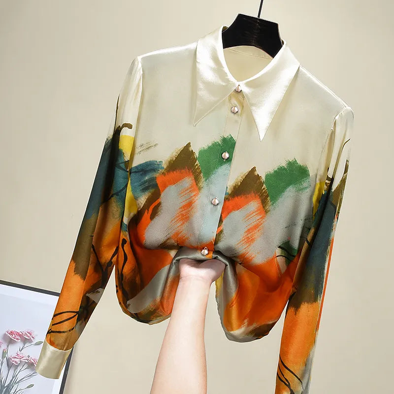 Shirt Women  Spring New Arrival Painting Print Chiffon Blouse Long Sleeve Elegant Modis Tops 210317