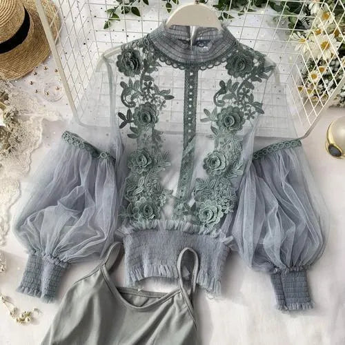 Autumn Women Mesh Tops Fashion Sexy Sheer Lace Blouse Lantern Sleeve 3D Floral Blouses Shirts Elegant Top Blusas Femininas  26