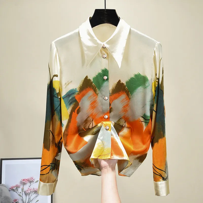 Shirt Women  Spring New Arrival Painting Print Chiffon Blouse Long Sleeve Elegant Modis Tops 210317