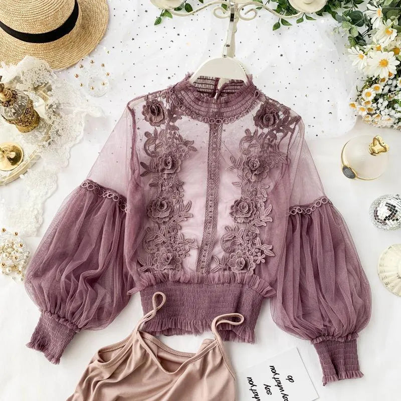 Autumn Women Mesh Tops Fashion Sexy Sheer Lace Blouse Lantern Sleeve 3D Floral Blouses Shirts Elegant Top Blusas Femininas  26